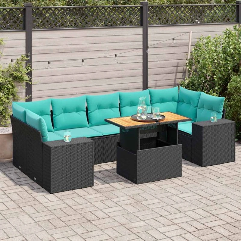 vidaXL havesofasæt 8 dele i sort polyrattan med blå hynder