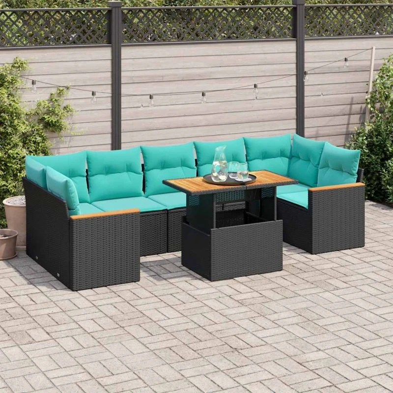 vidaXL havesofasæt 8 dele med hynder i sort polyrattan