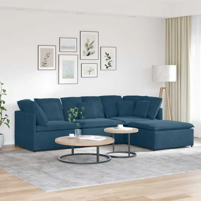 vidaXL modulsofa i blå fløjl med fodskammel og hynder, 300x200 cm