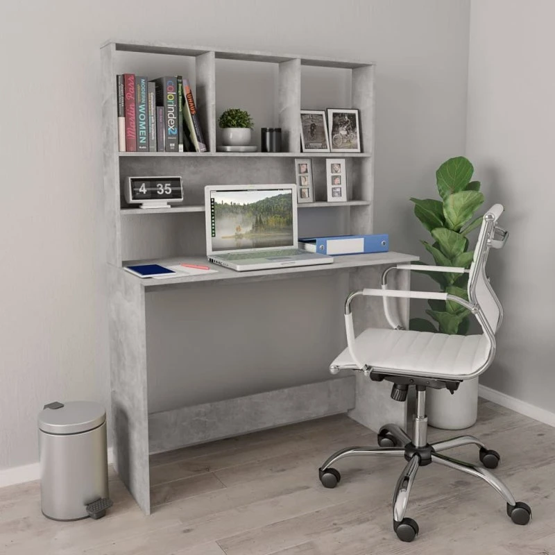 vidaXL Skrivebord med hylder 110x45x157 cm - Betongrå