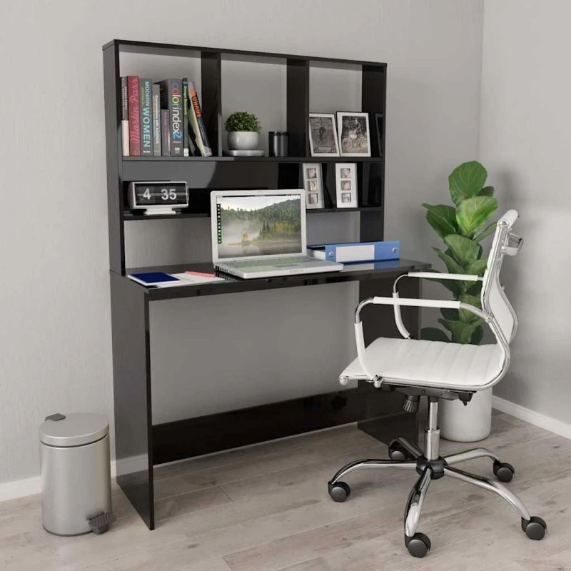 vidaXL skrivebord med hylder 110x45x157cm sort højglans
