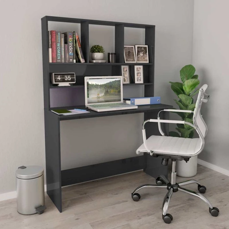 vidaXL Skrivebord med hylder 110x45x157 cm - Grå højglans