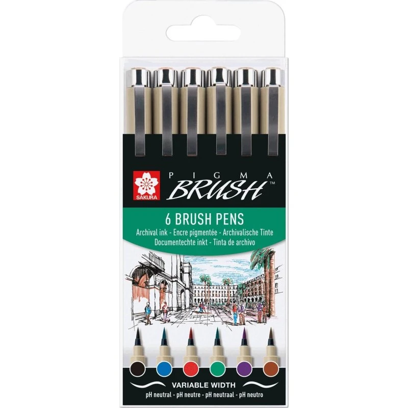 Sakura Pigma Brush Pen Sæt - Basisfarver - 6 stk.