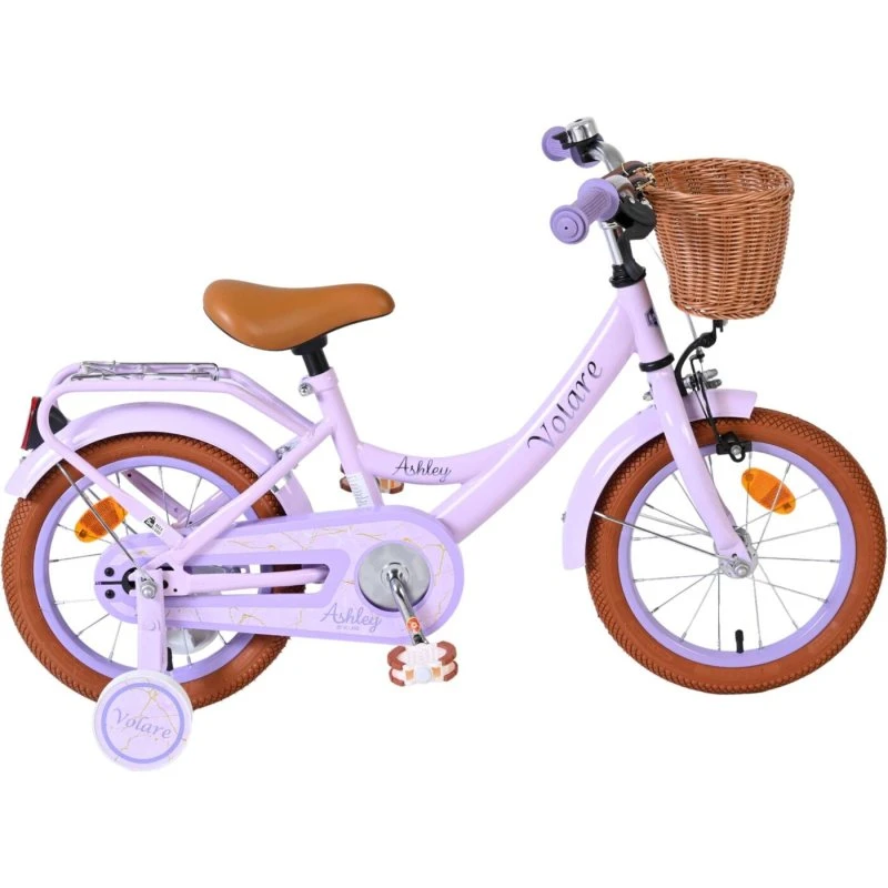 Volare Ashley 14" Børnecykel - Lilla Pastel med Kurv og Støttehjul