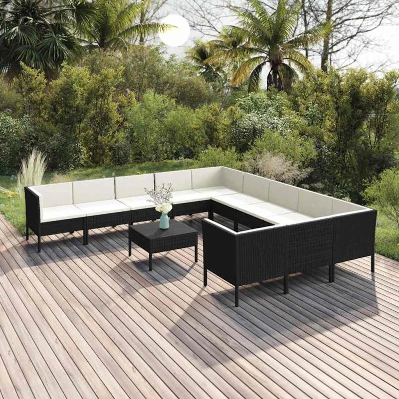 vidaXL Loungesæt til haven 12 dele, polyrattan, sort/creme
