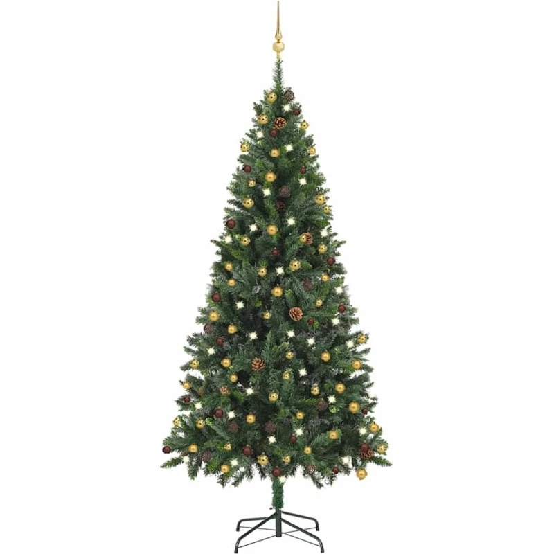 vidaXL Kunstigt juletræ med lys og kugler, 210 cm, grøn