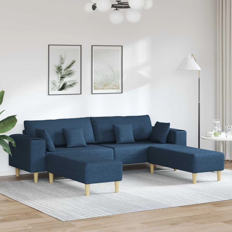 vidaXL Sofa 3 stk. Blå Stof - Moderne Hjørnesofa med 2 Ottomaner