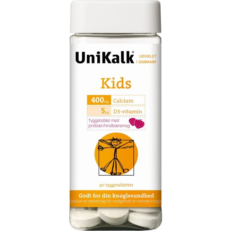 UniKalk Kids tyggetabletter 90 stk – Kalk 400 mg & D‑vitamin 5 µg