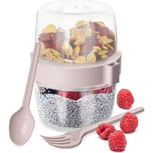 Yoghurtkop med ske og madkasse, 370 ml, snavset rosa