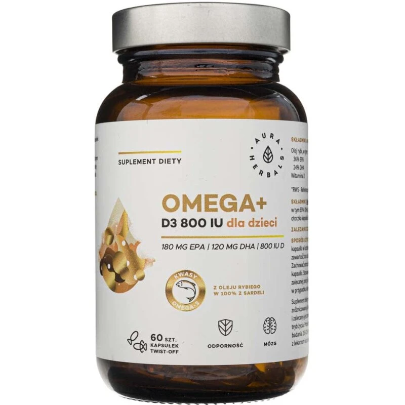 Aura Herbals Omega+ D3 800 IE til børn — 60 twist-off kapsler