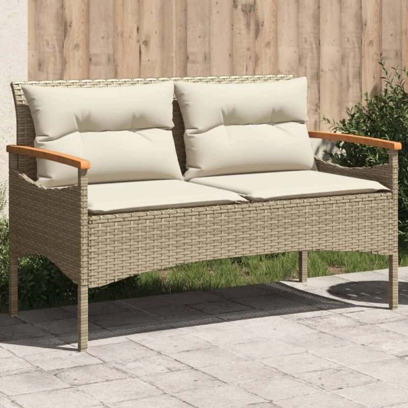 vidaXL havebænk med hynder i beige polyrattan, 116x62,5x74 cm