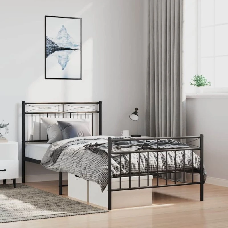 vidaXL sengeramme med sengegavl og fodgærde 100x190 cm - sort metal