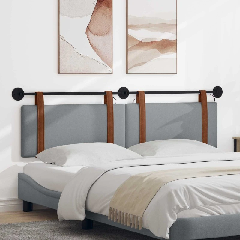 vidaXL Hængende Sengegavl med LED-lys, Lysegrå Antik PU, 190x55 cm