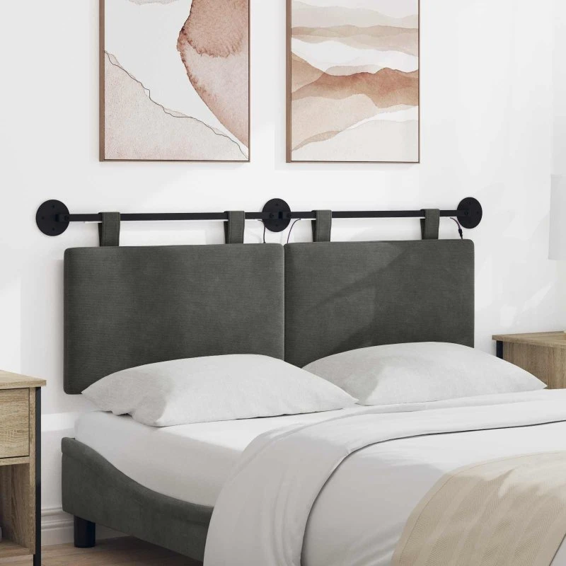 vidaXL Hængende sengegavl i mørkegrå velour med LED-lys, 130x55 cm