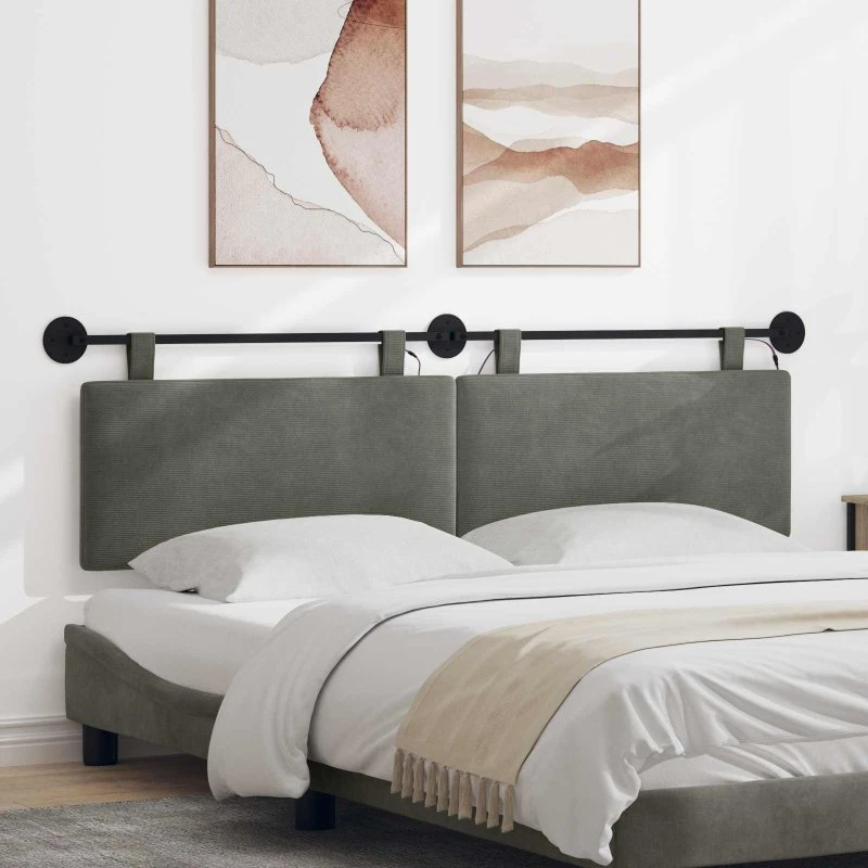 vidaXL Hængende sengegavl i lysegrå velour med LED-lys, 170x55 cm