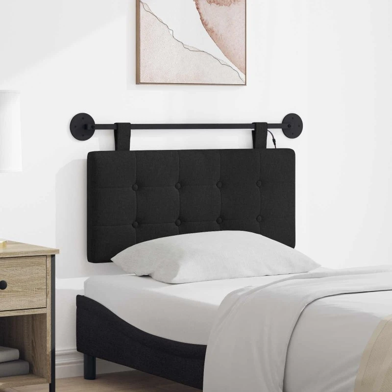 vidaXL Hængende sengegavl med LED-lys, sort stof, 90 × 55 cm