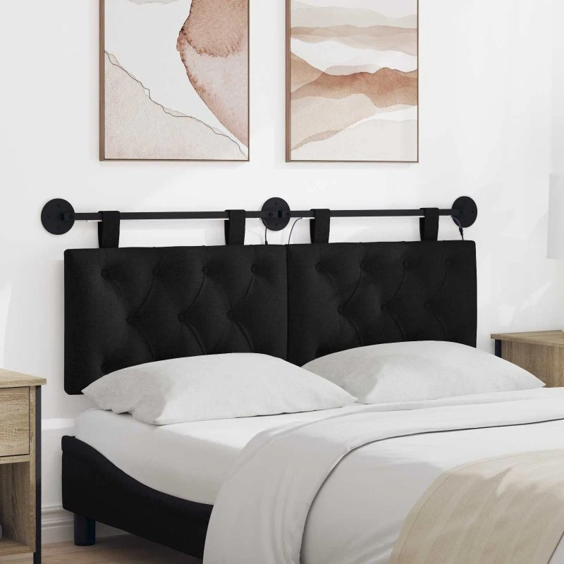 vidaXL Hængende Sengegavl med LED-lys, Sort Stof, 130 x 55 cm