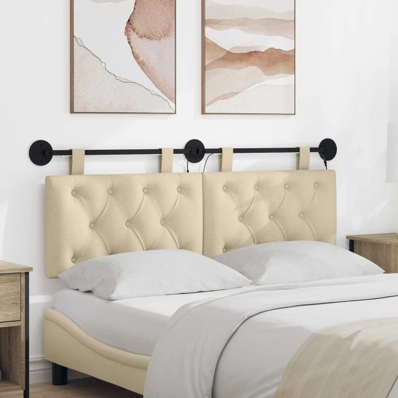 vidaXL Hængende sengegavl med LED-lys, cremefarvet stof, 150x55 cm