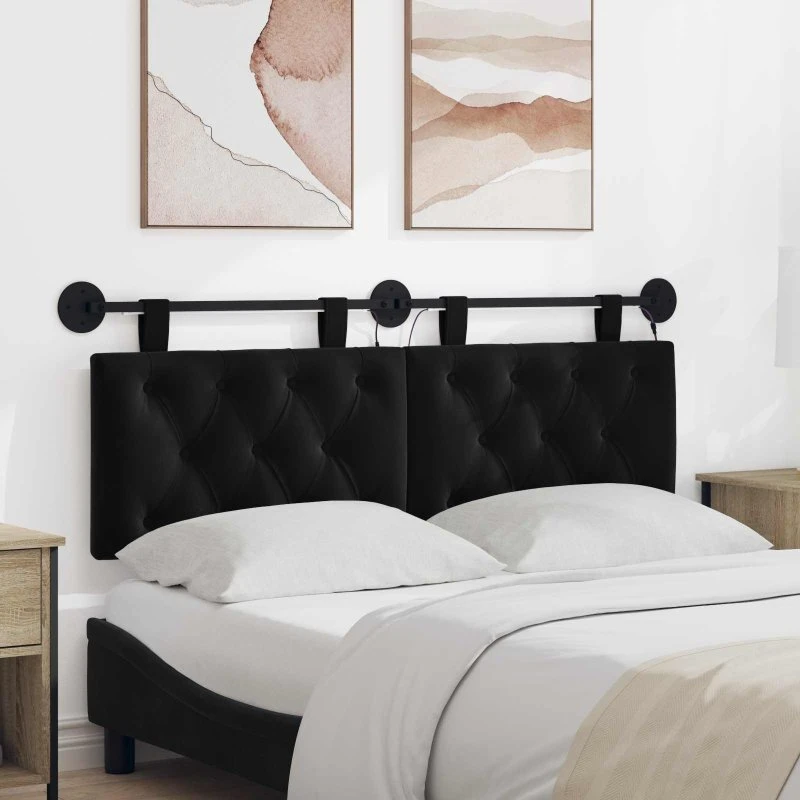 vidaXL Hængende sengegavl i sort fløjl med LED-lys, 150 x 55 cm