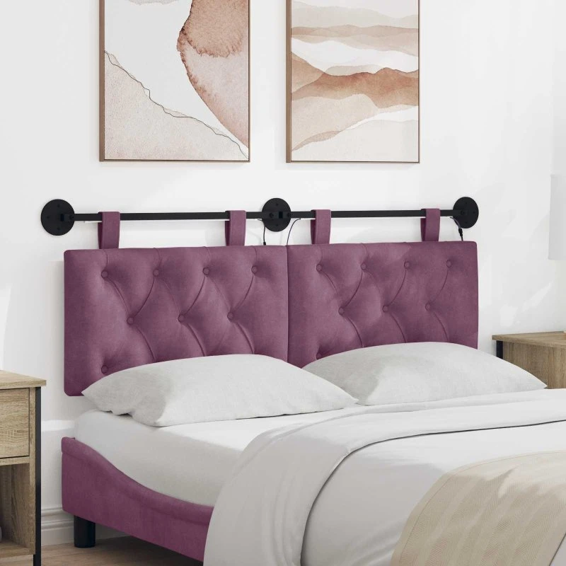 vidaXL Hængende sengegavl i lilla fløjl med LED-lys, 150 x 55 cm