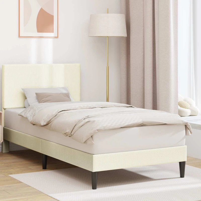vidaXL Sengestel med hovedgærde i cordfløjl, creme, 90 x 200 cm