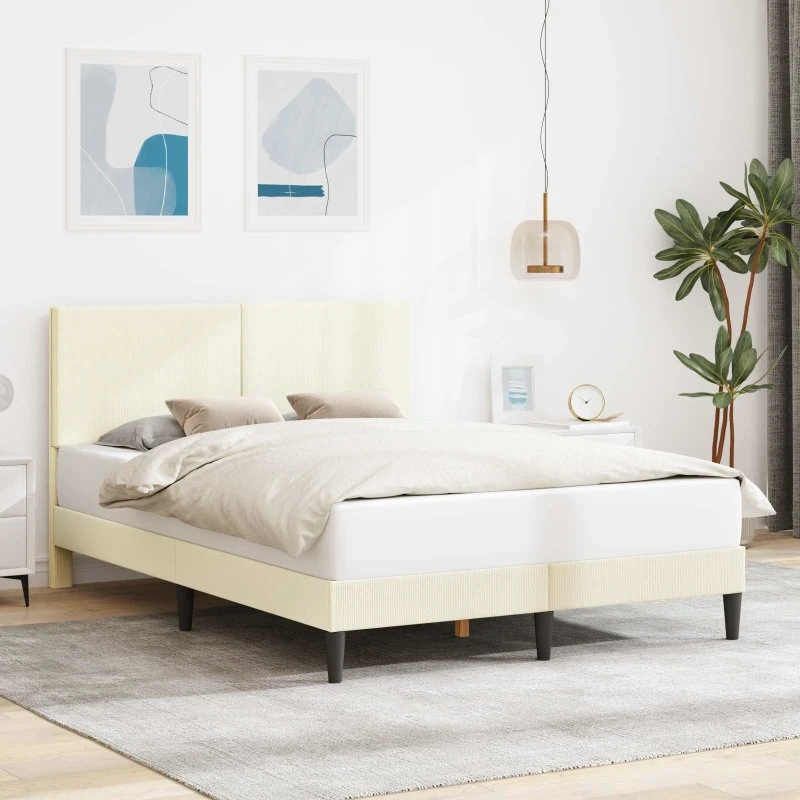 vidaXL Sengestel med hovedgærde i cordfløjl, creme, 120 x 200 cm