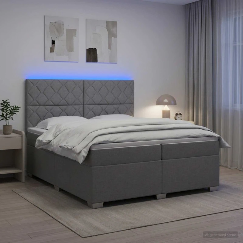vidaXL Boxmadras med topmadras og LED-lys, Lysegrå, 200 x 200 cm