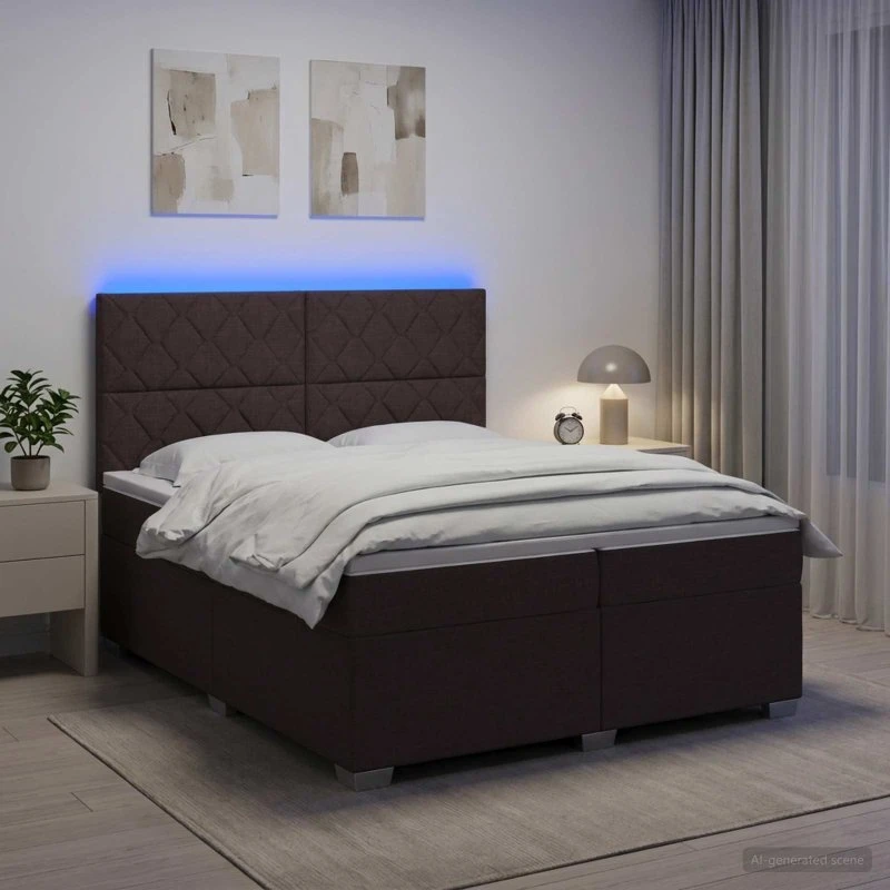 vidaXL Boksmadras med topmadras og LED-lys, Mørk Brun, 200x200 cm