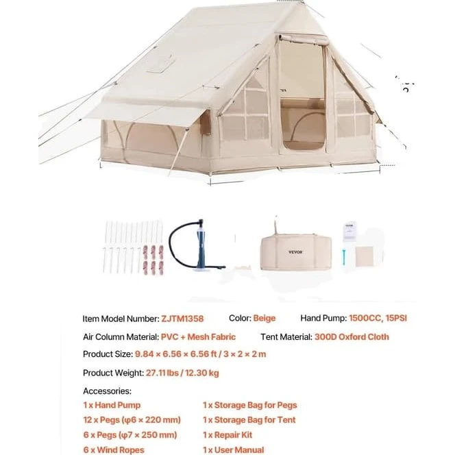 VEVOR Oppusteligt Telt, 3x2m, 300D Oxford Stof