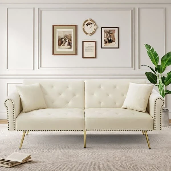 Moderne 2-personers beige fløjlssovesofa med guldben