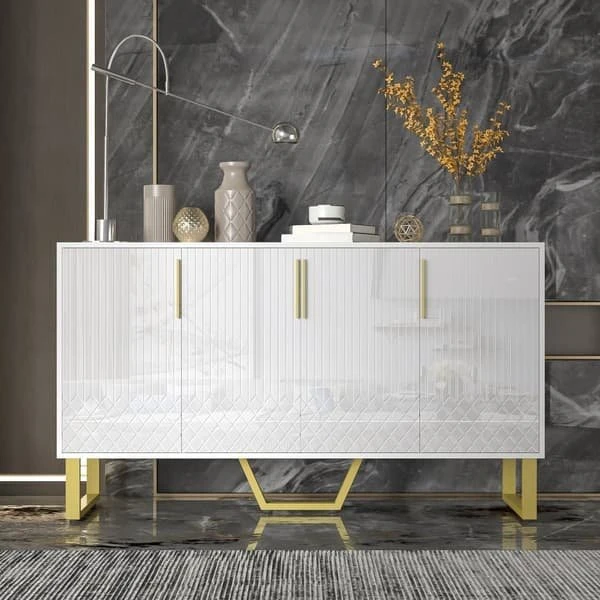 Skænk i hvid højglans med geometrisk design – 140x40x80 cm