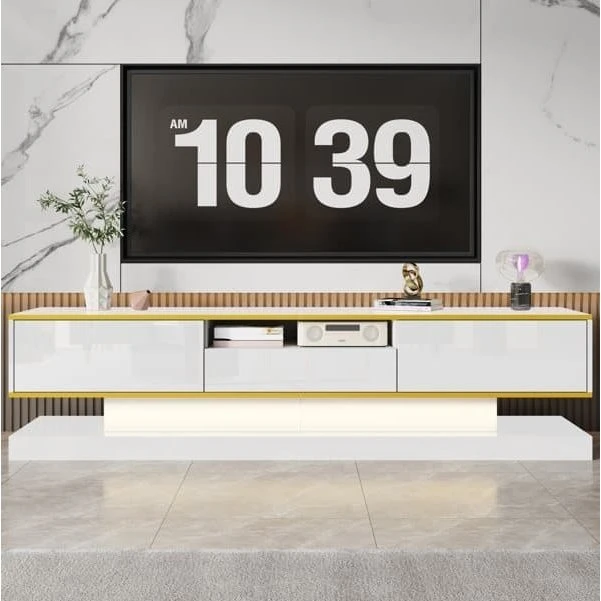 Moderne hvidt tv-bord med LED-lys og 3 skuffer, 180x38x45 cm