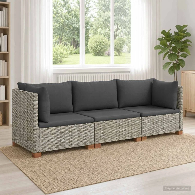 vidaXL 3-delt Rattan Loungesæt med Puder - Naturlig Rattan