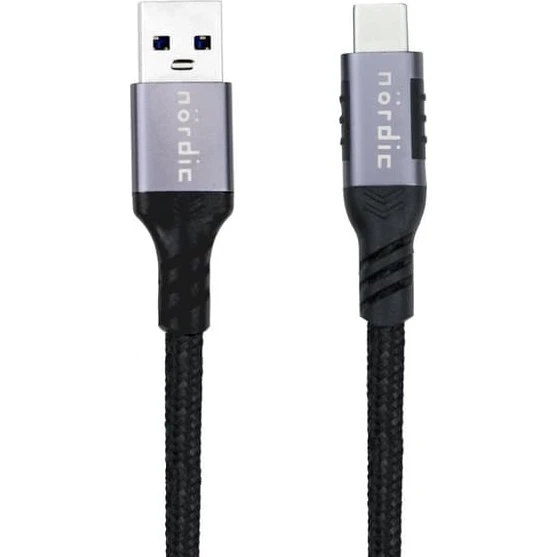 NÖRDIC USB-C til USB-A Kabel, 25cm, Nylonflettet, 60W PD