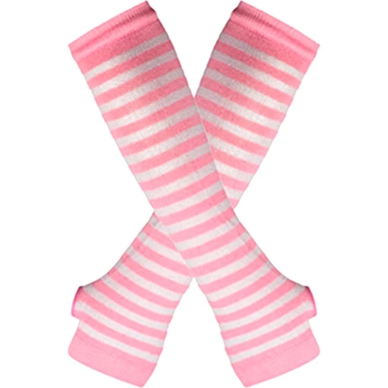 Armvarmere stribet, fingerløs & lang - Pink/hvid [32cm]