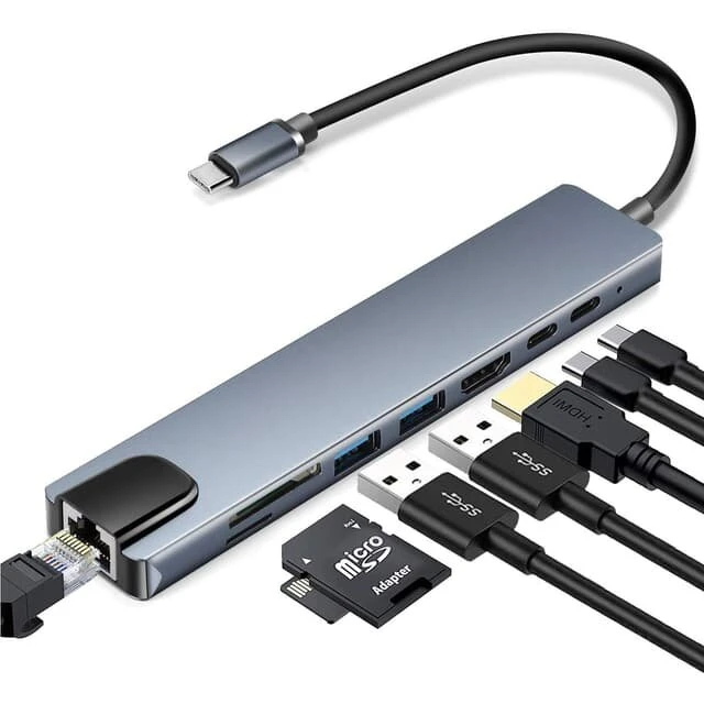 INF 8-port USB-C hub med HDMI, PD, RJ45 og kortlæser, grå