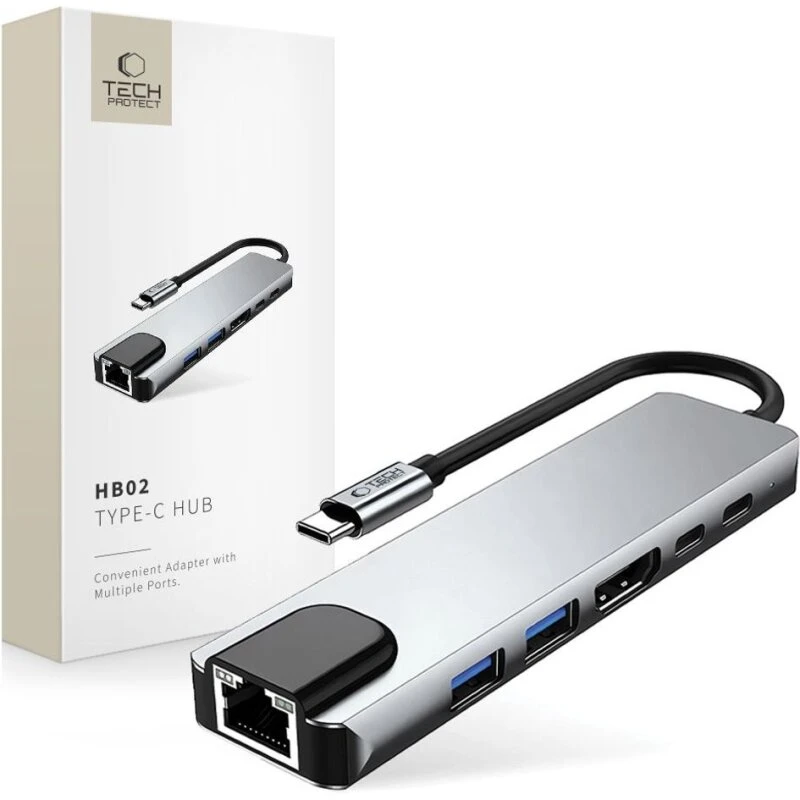 Tech-Protect HB02 6-i-1 USB-C-hub (HDMI 4K, RJ45, 100W) – Rumgrå