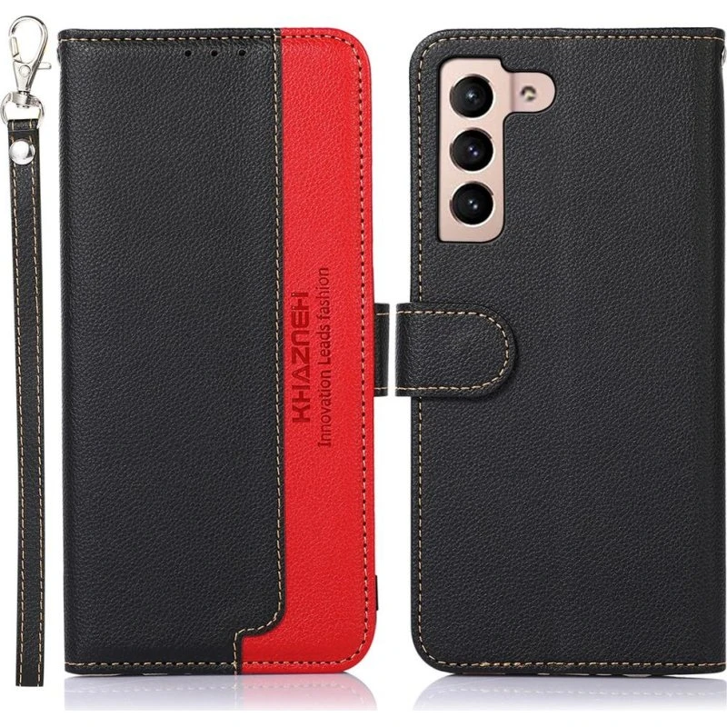 KHAZNEH RFID-beskyttelse Wallet Cover til Samsung Galaxy S22 5G - Sort/Rød