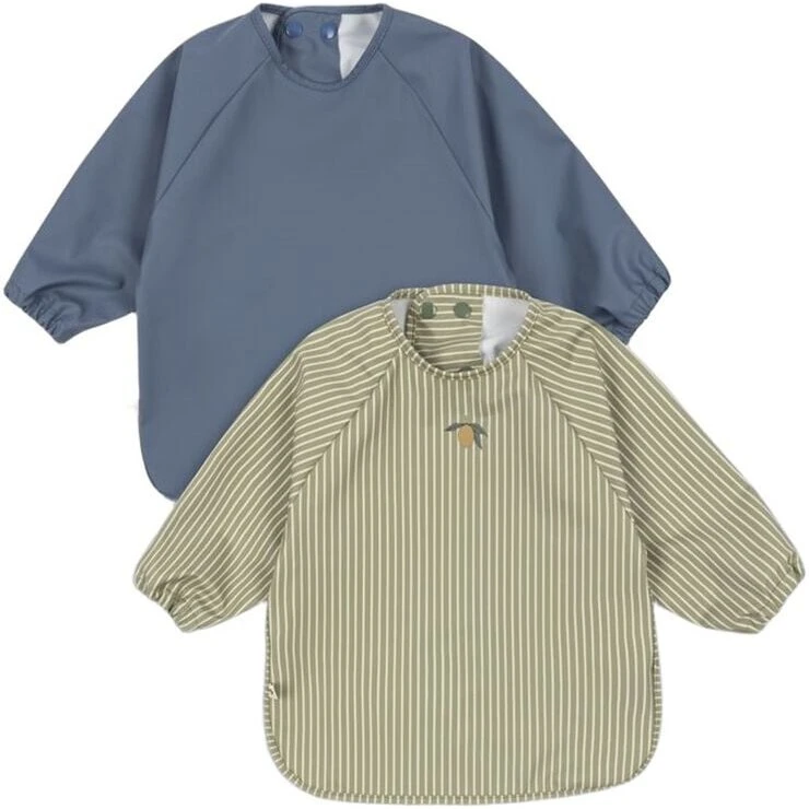 Konges Sløjd 2-pak hagesmække m. ærmer Tea Stripe/Flint Stone 18-36 mdr