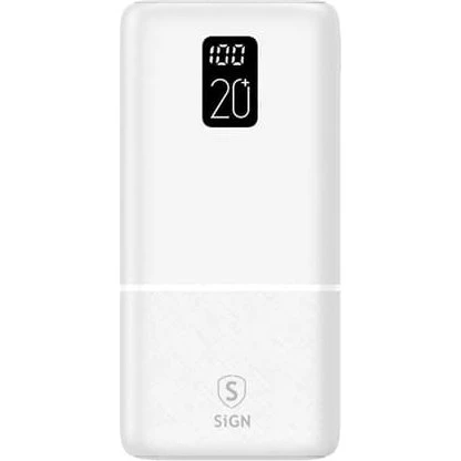 SiGN QC Powerbank 20000mAh, 2.1A - Hvid