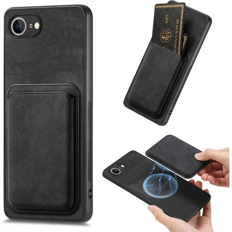 SKALO iPhone 16e PU-læder magnetisk kortholder Cover - Sort