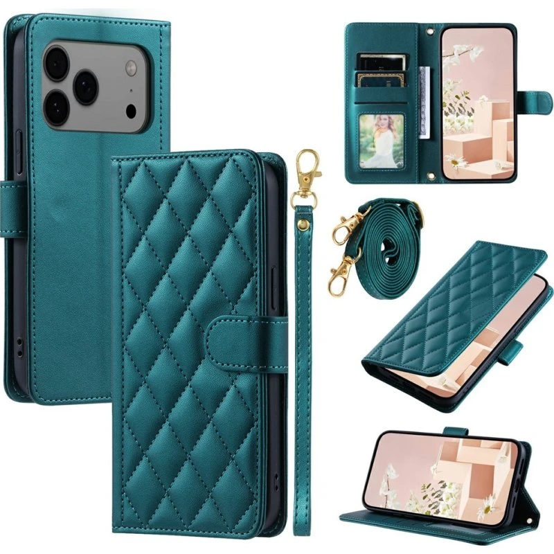 SKALO iPhone 17 Pro Quiltet Skulderrem Flip Cover - Grøn