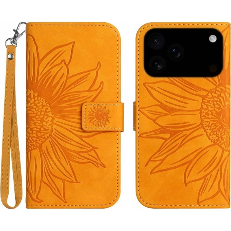 SKALO iPhone 17 Pro Præget Blomst Flip Cover - Gul