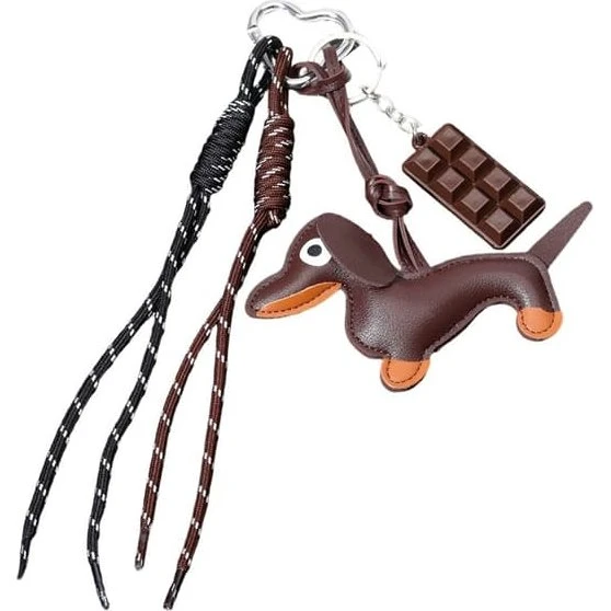 Gravhund nøglering med chokoladecharme og PU-læder