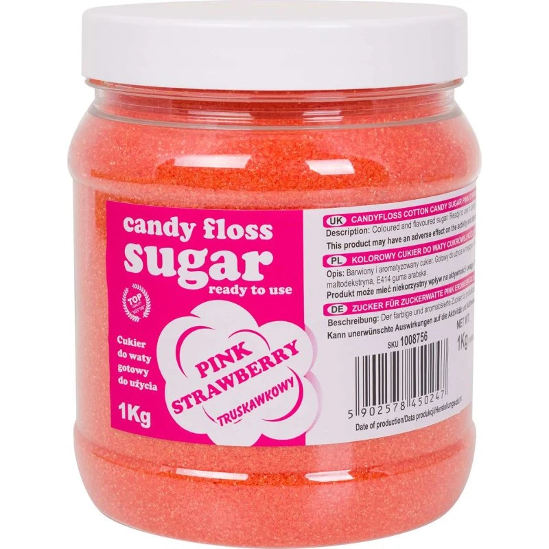 Farvet sukker til candyfloss, pink jordbærsmag, 1 kg