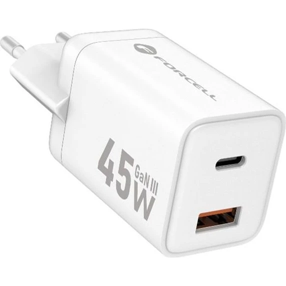 Forcell GaN III Hurtigoplader 45W USB-C & USB-A - Hvid