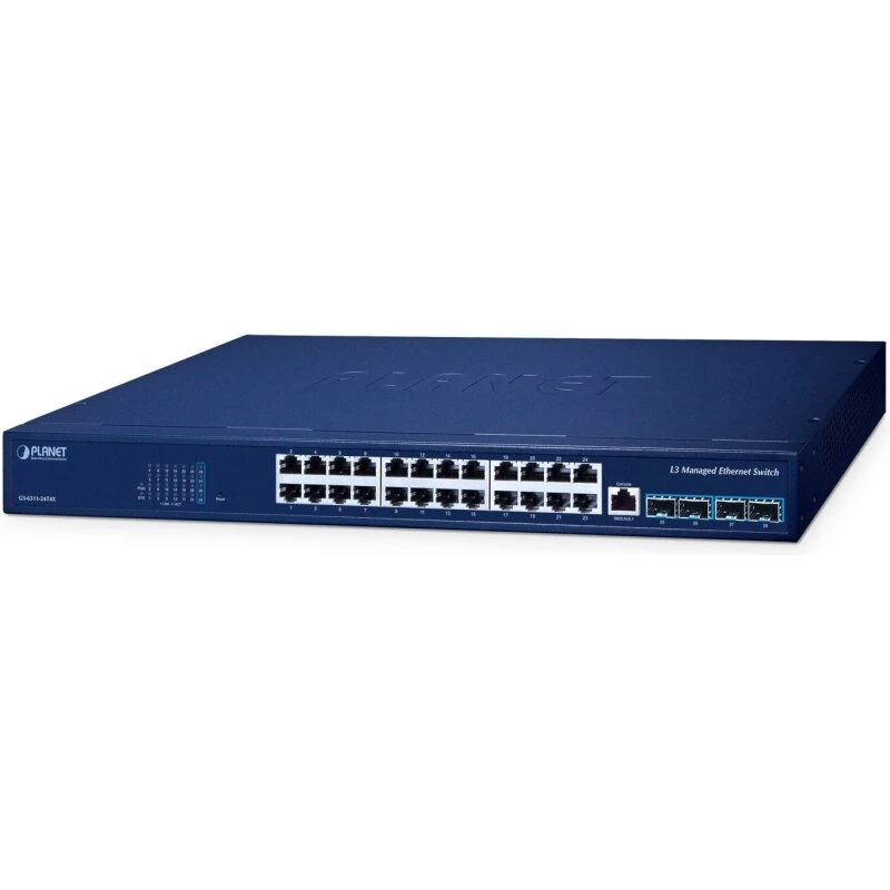 PLANET Layer 3 24-Port Gigabit PoE switch (24x 10/100/1000, 4x SFP+), blå