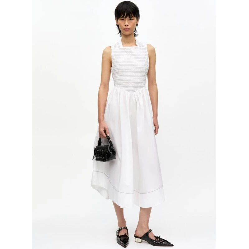 Ganni Washed Stretch Cotton Smock Midi Kjole - Bright White