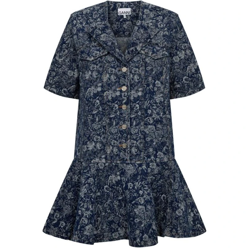 Ganni Tapestry Denim Minikjole, korte ærmer