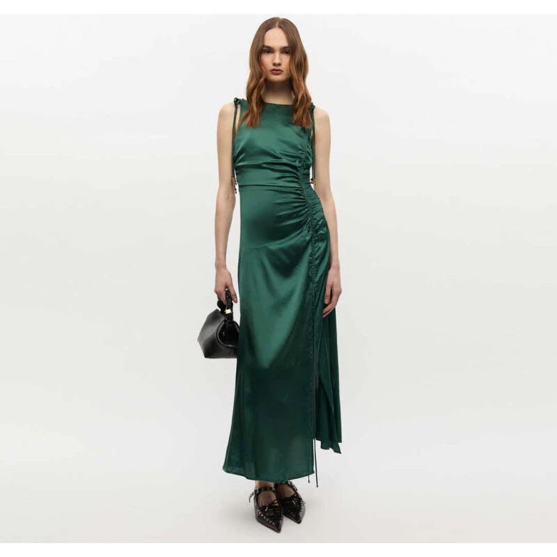 GANNI W0739 Stretch Satin Gathered Long Kjole – Pine Needle
